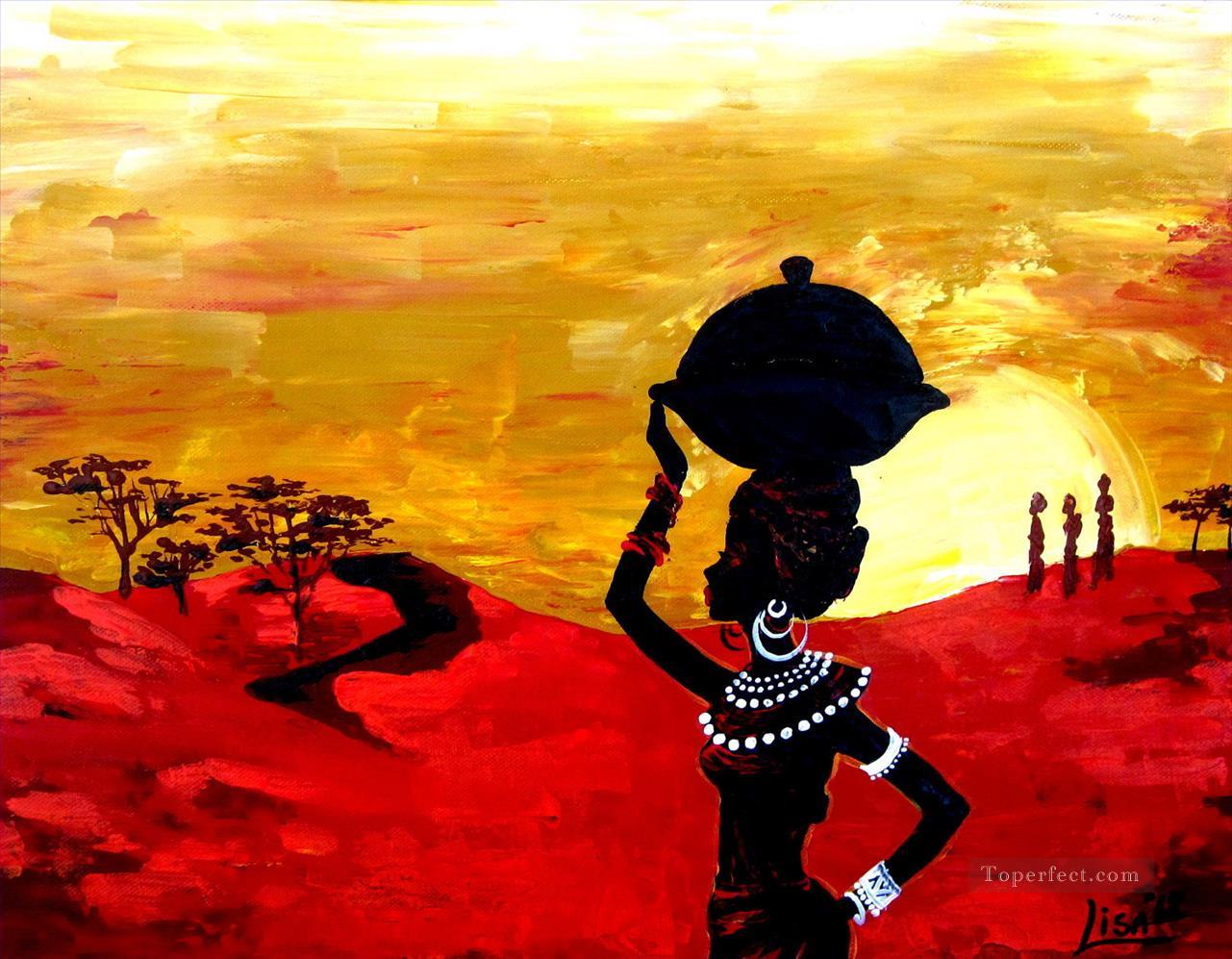 アフリカの日没で瓶を持つ黒人女性油絵